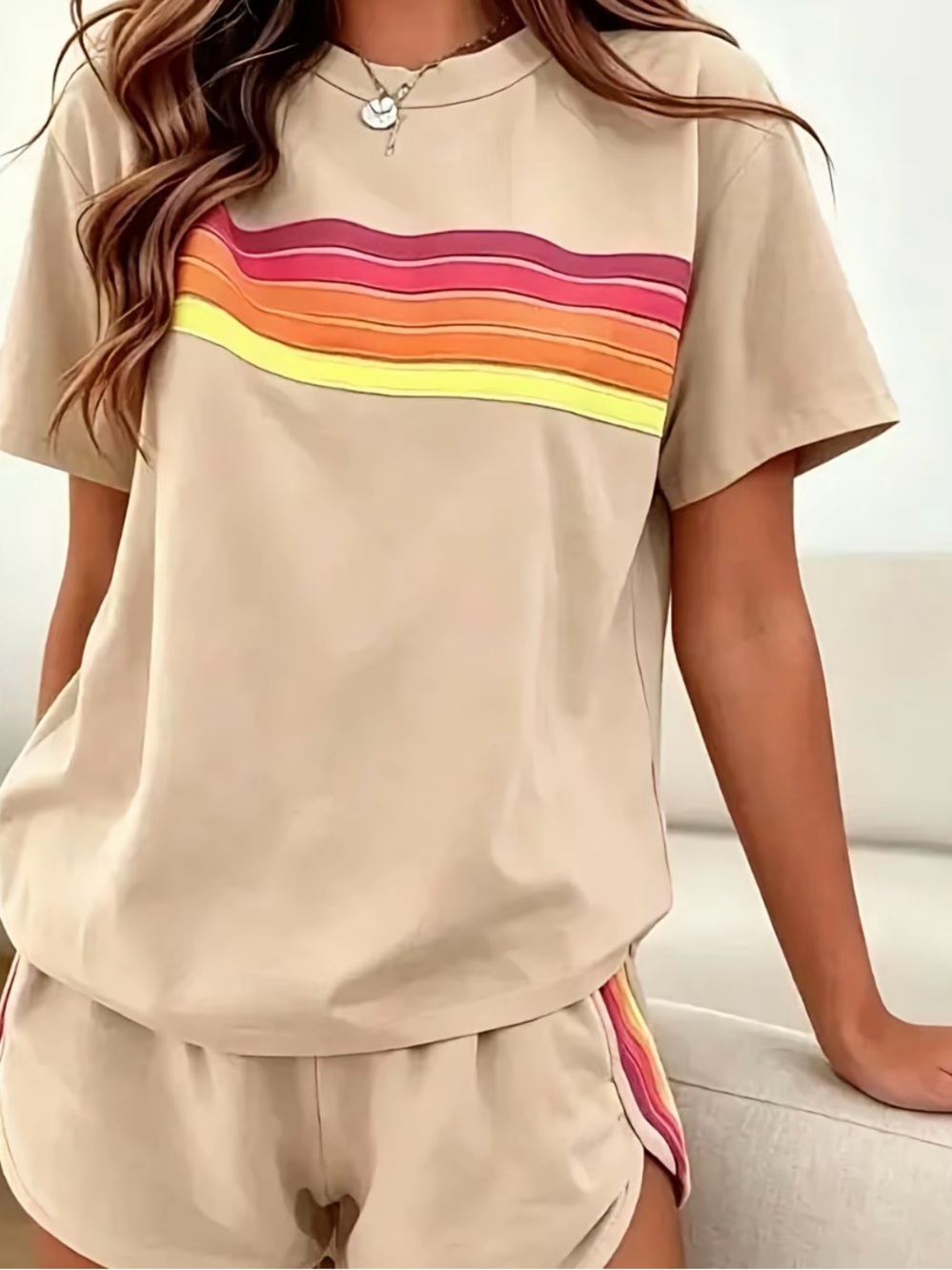 Striped Beige Pullover & Shorts Two Piece Casual Set Tik Tok Viral Size Small